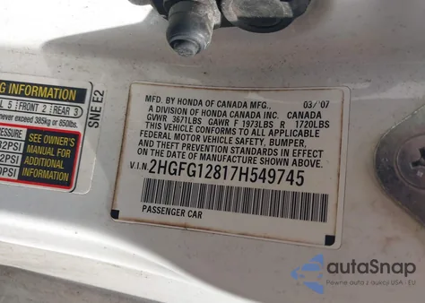 2007 Honda Civic Ex z USA, uszkodzony, nr VIN 2HGFG12817H549745